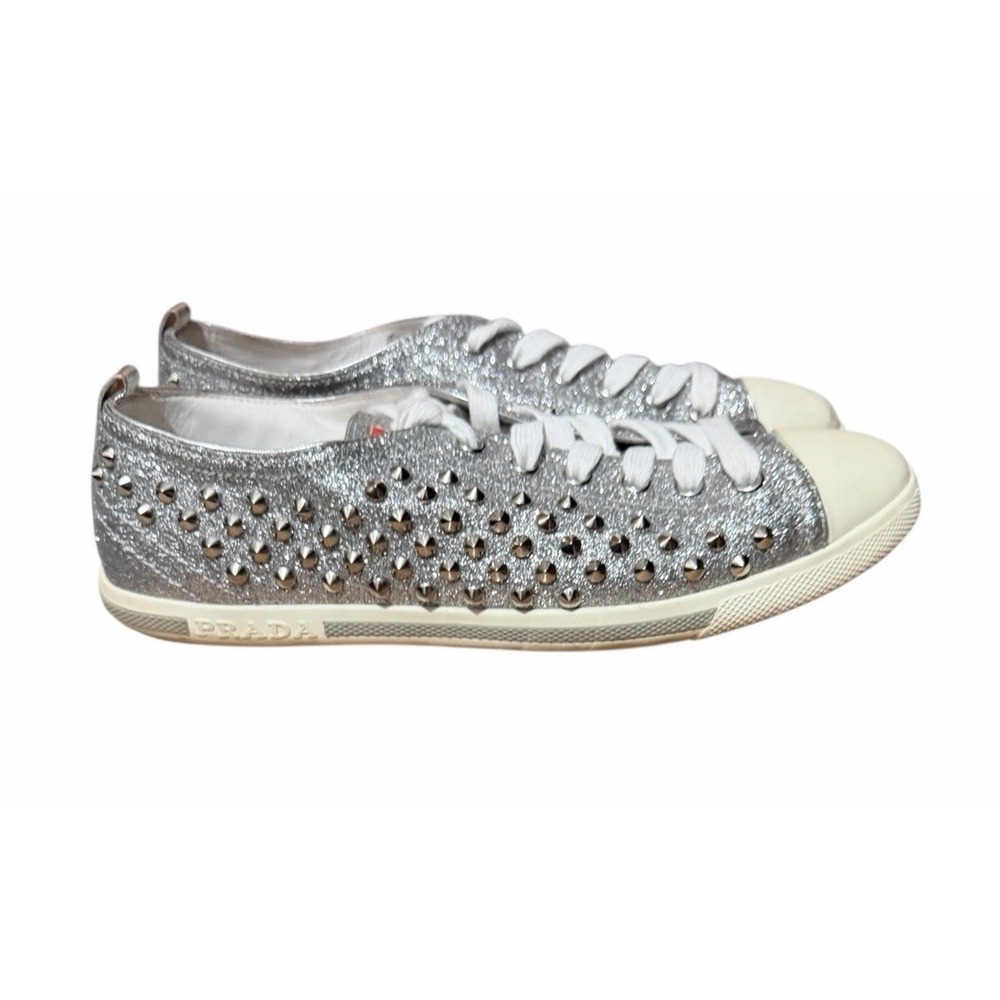 Prada Silver Glitter‎ Studded Low Top Sneakers Women's Size 38